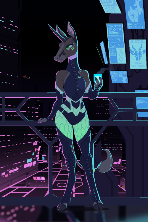 phaeaciusofmystery:  Here’s a little glimpse of the sort of classy nightlife one might experience in Neon Lights, starring @ecmajor ‘s Equustra!   This is so awesome you guys <3 <3 Look at that light and atmosphere! HFS’s style is wonderful