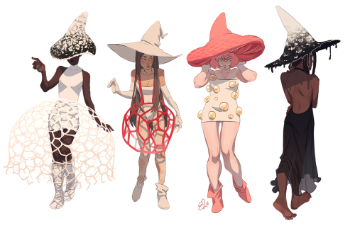 quesozombie:  mushroom witches phallus indusiatus, clathrus ruber, rhodotus palmatus, & coprinus comatus   