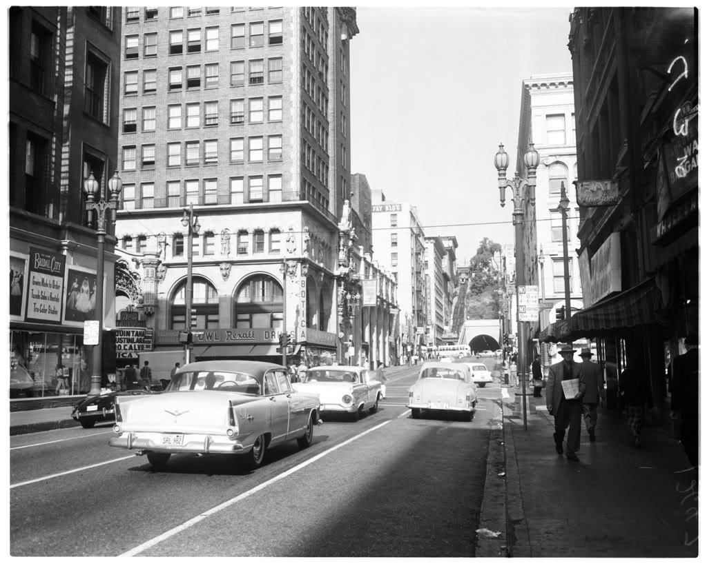 losangelespast:  Looking west down Third Street towards Angels Flight and the Third