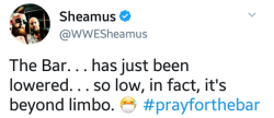 deidrelovessheamus:  The Bar… has just been lowered… so low, in fact, it’s beyond limbo. 😷#PrayForTheBar  I’m thankful Rusev is wearing clothes..
