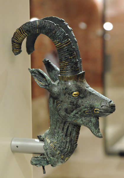 grandegyptianmuseum:Head of an ibex from a sacred barque. Third Intermediate Period, 21st Dynasty, c