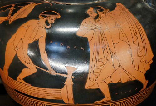 lionofchaeronea:Heracles prepares to kill Syleus, a Lydian landowner who compelled passersby to labo