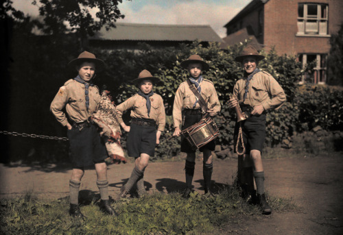 Portrait of boy scouts at Abinger Hammer on a Sunday hike in Surrey, England, February 1932.Photogra