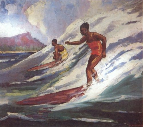 Surfing Waikiki   -     Alexander Samuel MacLeod, c. 1940 .Canada, 1888–1956oil on art board 