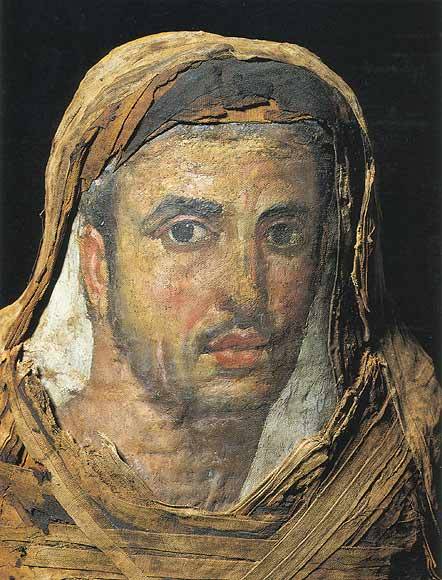 Mummy portrait of a man from the Fayum, Roman Egypt.  Artist unknown; 2nd or 3rd cent. CE.  Now in t