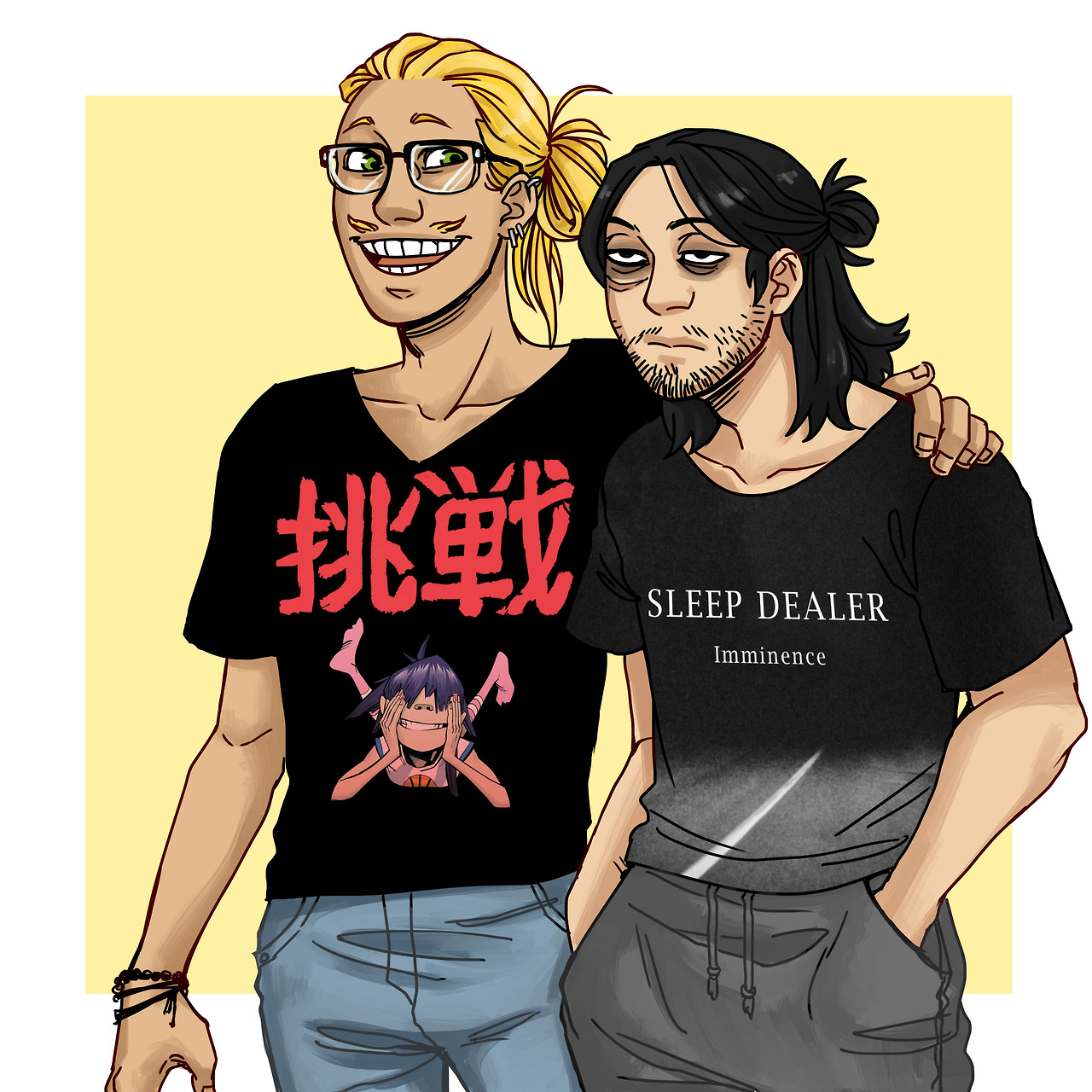 jaegervega:Band shirts! Mic is Gorillaz bc ofc he’d love Gorillaz and Aizawa would