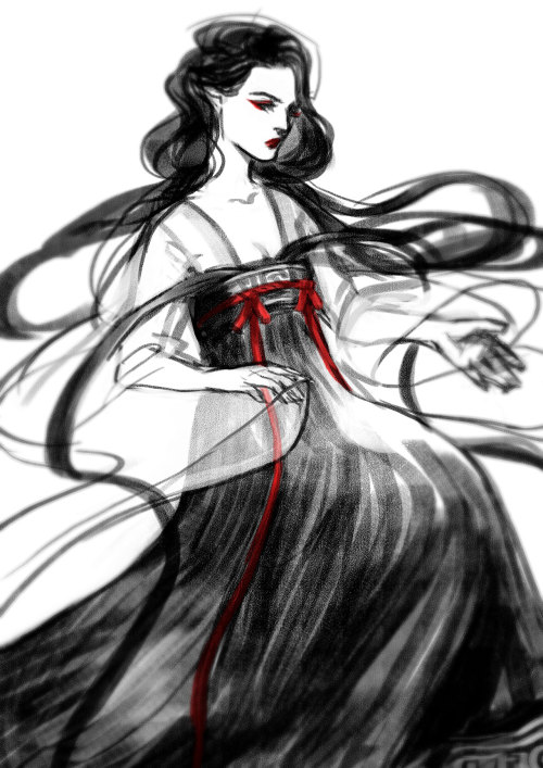 I only ever draw Luthien in monochrome+red. 