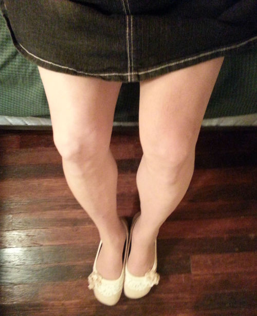 Cute Jellypop flats, nude sheer to the waist pantyhose and a new denim mini skirt. The last picture 