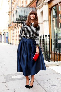 What-Do-I-Wear:  Breton Stripe Top (On Sale), Tibi Full Skirt, Patent Red Clutch And Black