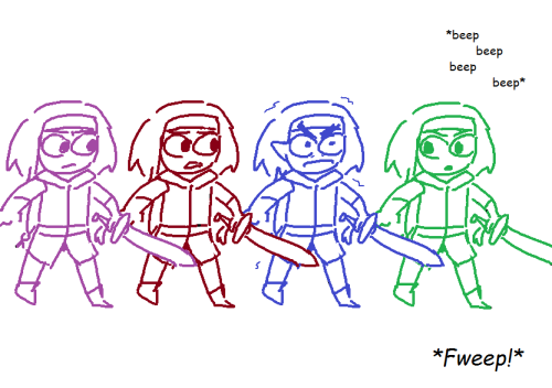 Fifth panel: The Colors again, with Vio, Red, and Green looking worriedly at Blue, who's shaking with anger in place. The beeps from the Slate continue, until there's a 'fweep' noise when Wild takes out something.