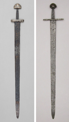 mediumaevum:  Left: Sword, 10th century. European, probably Scandinavia. Iron, copper, silver, niello. The Metropolitan Museum of Art, New York, Rogers Fund, 1955  Right: Sword, possibly 12th–early 13th century. Western European. Iron. The Metropolitan