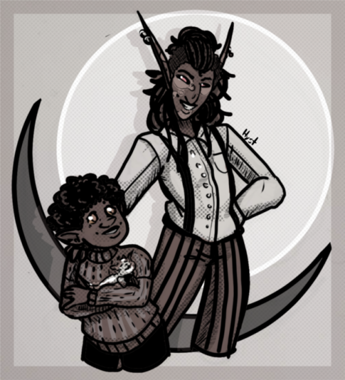 hysterical-random-things:Kravitz Week, day 6: New Family / Warming Up[ID: A greyscale illustration o