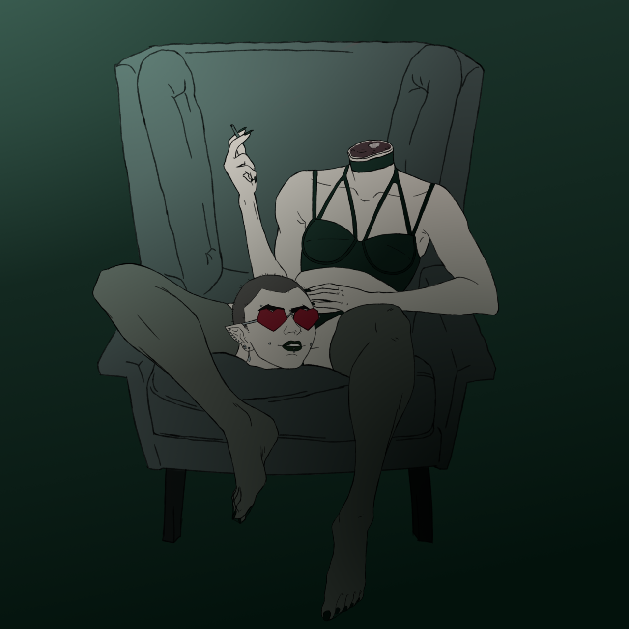 A digital sketch of  a Dullahan. It is humanoid and pale-skinned and is sitting in a plush grey chair with its severed head between its thighs, facing the viewer. It is wearing a dark green brassier, panties and choker, and semi-transparent thigh-high stockings. It is holding a cigarette in its right hand, and has red, heart-shaped lens sunglases on its face. The background is a dark green gradient.