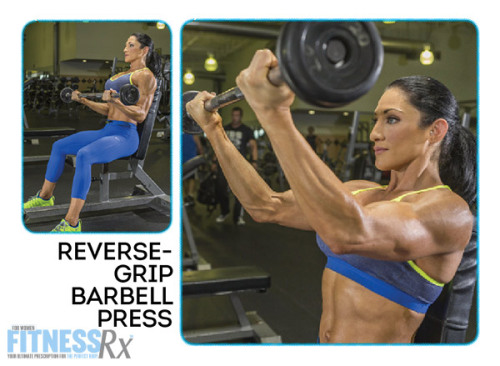 the-exercist: Reverse Grip Barbell Press  Sit on a bench holding a barbell with a reverse grip. Pres