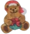 sticker of a brown bear with a santa hat holding a green present with a red bow.