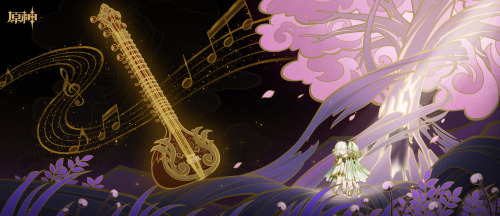 Nahida standing beneath Irminsul, hugging a form of Rukkhadevata who looks exactly like her. An illustration of a sitar glows in the sky in front of her.