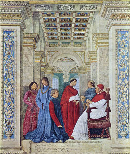 Pope Sixtus IV appoints Bartolomeo Platina prefect of the Vatican Library by Melozzo da Forli, 1477