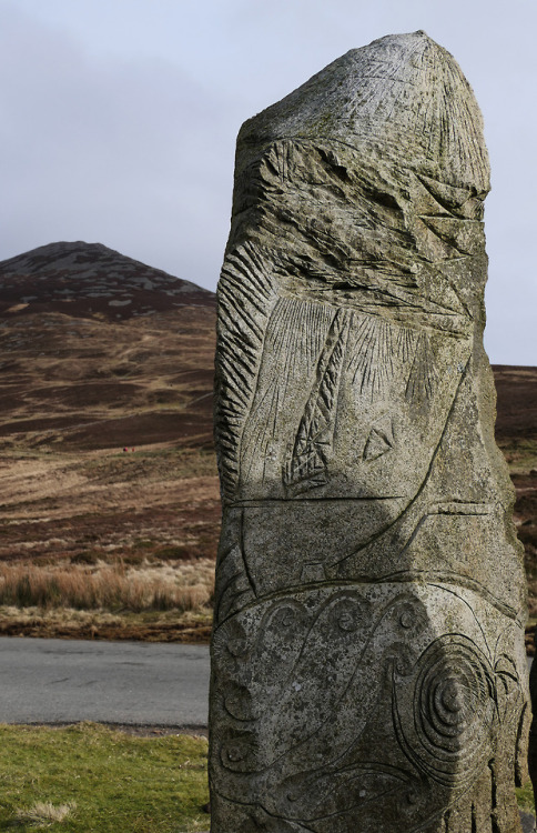 Tre’r Ceiri Standing Stones, Lleyn Peninsula, North Wales, 16.2.18.Three modern sculpted stones that