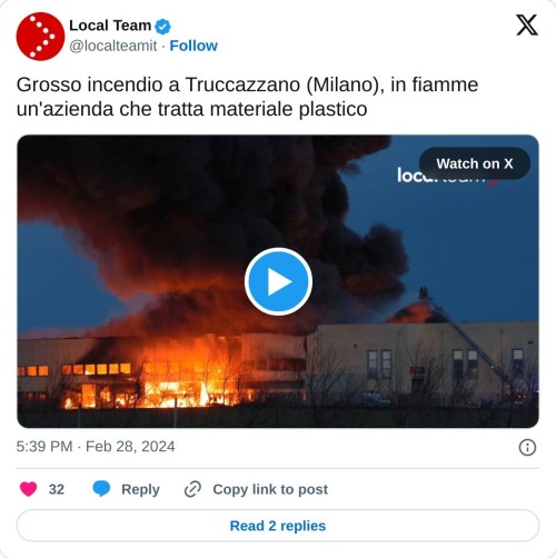 Grosso incendio a Truccazzano (Milano), in fiamme un'azienda che tratta materiale plastico pic.twitter.com/Add9H9kpDL  — Local Team (@localteamit) February 28, 2024