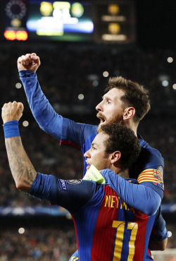 xavihernandes:  Neymar of FC Barcelona, Lionel Messi of FC Barcelona during the UEFA Champions League round of 16 match between FC Barcelona and Paris Saint Germain on March 08, 2017 at the Camp Nou stadium in Barcelona, Spain.