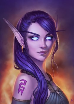 Adorable  Void Elf girl portrait: World of Warcraft game digital draw [Artist: June Jenssen]