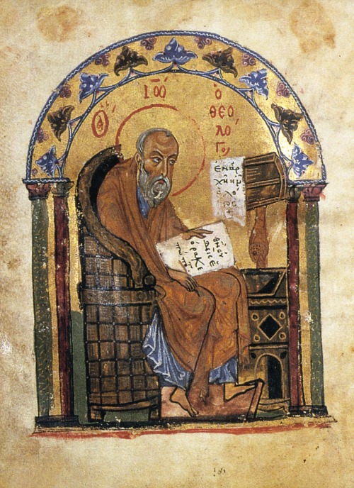 St. John the Evangelist at work.  Miniature from an illuminated Gospel Book by the monk Georgio