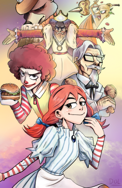 chayadol:  Sorry for didn’t post anything for so long.I’m now working on making printed artwork for AnimeNorth Canada lol Andddd this is one of those print!!!Fastfood Mascot Tournament in anime style!!!! :D I really like this work especially Wendy’s