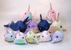 hoefashow:  littleqsoddities:  lithefidercreatures:  Examples of my new plush pattern - Narwhals!  I see so many cute narwhals out there in the plush world I had to make my own version.  These plush all sold at Anthrocon but I will be making more for