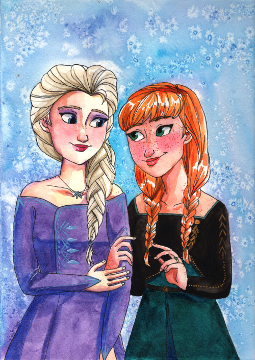 maybelleteas:Elsa and Anna watercolor post F2. Took the liberty of drawing Elsa in my favorite dress