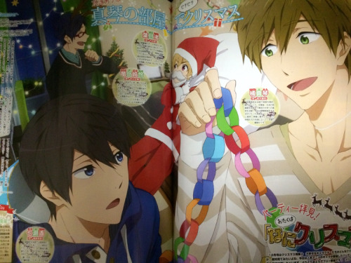 sou-katsu:  clearer photos of some new December Free!ES magazine spreads coming out on November 10th. the Sousuke + Matsuoka siblings Christmas spread with be for Newtype December 2014. Haru + Makoto on a coffee date is for Animage December 2014. and