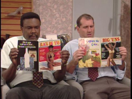 Great moments in men’s magazine history: Al Bundy and Griff (Harold Sylvester) peruse the arti