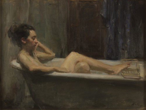 Soaking   -    Ron Hicks, 2012.American,b.1965-Oil on canvas, 18 x 24 cm.