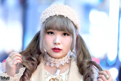 Vintage fashion loving Japanese fashion student Yukarin on the street in Harajuku. Her look features