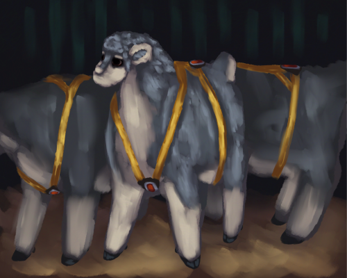 gaeilge: truir fanas muice mincear ag cathabh gaireas kamar ag teaspaint an capsuil ar a cliabhrach
english: three ballyer blue fauns wearing kamar devices showing the capsules on their chests