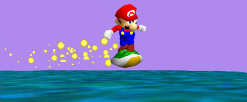 mario floating on an green shell over the sea