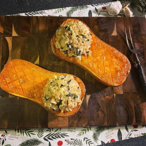 Maple Dijon Glazed Roasted Butternut Squash Stuffed With A Barley, Caramelized Onion, Spinach, Goat Cheese,