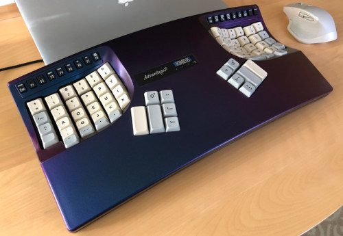 “My color-shift purple Kinesis Advantage2 w/ XDA canvas keycaps“ via u/joshcarter on reddit