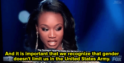 micdotcom:  Twitter went wild for her answers — and the judges agreed.   I don’t agree, women don’t belong in the military, all they do is get pregnant like whores before every deployment so they don’t have to go, and when they do the slow everyone