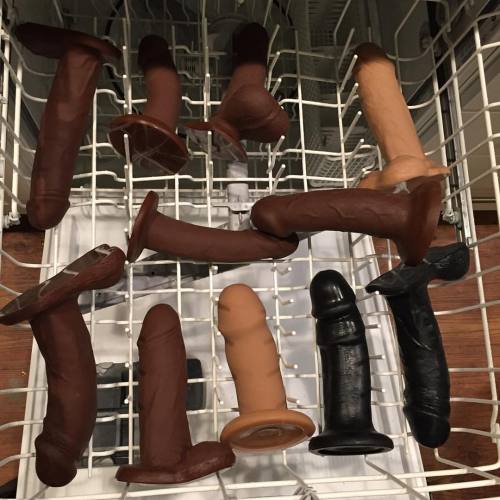 smittenkittenmn:  thingsthatverbme:  smittenkittenmn:  Our break room dishwasher can easily take eleven dicks at once.  Wait, you can wash dicks in the dishwasher?  These are all Vixen Creations silicone dildos - silicone toys can be sanitized and made