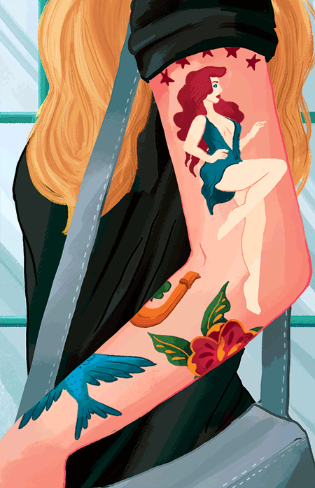 A gif illustration for an article about the perceived connections between women with tattoos and sex