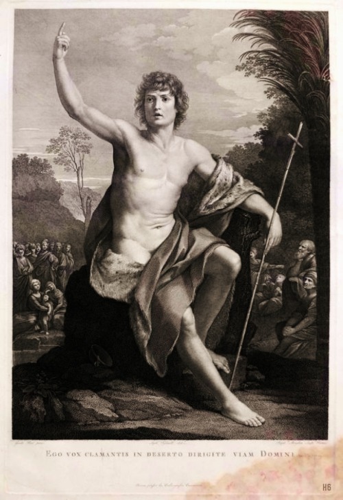 St.John the Baptist preaching to the multitude in the wilderness. 1790s. after Guido Reni. engraving.  