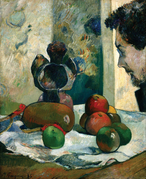 artfoli:Still Life with Profile of Laval, 1886, by Paul Gauguin (1848-1903)