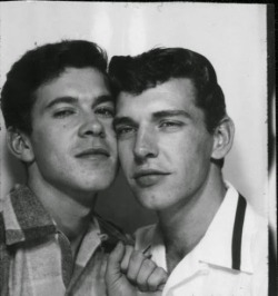 ccute-couples:   Two men kissing in a photo booth in 1953 (source)    Seeing this just makes me want to high five them for being so god damn courageous&hellip; It&rsquo;s hard to believe that gay people were arguably treated worse back in the 50&rsquo;s