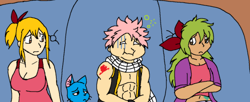 xfangheartx:Natsu, his sister Haru, Lucy, and Happy on a train ride. As usual, Natsu’s getting motio