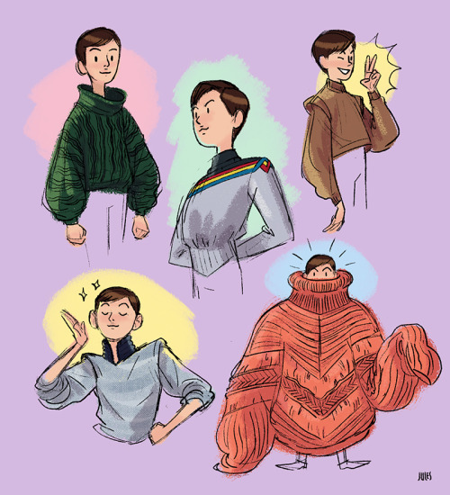 juliancallos:A quick, sketchy tribute to Wesley’s sweaters from the first season of Star Trek: The Next Generation. I started watching the show for the first time last year and am now in the middle of the fourth season. Gimme that space fashion!