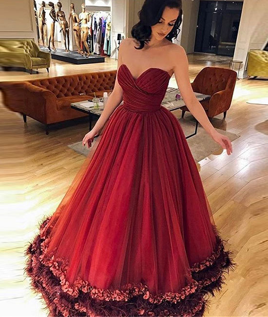 Burgundy tulle long prom dress