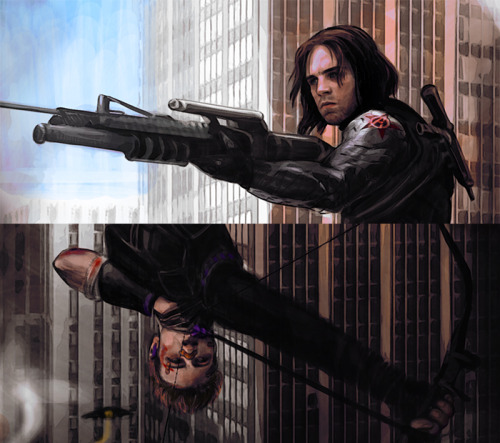 templeait: ~two assassins sitting on a beam~ S-N-I-P-I-N-G …Yeah Clint’s not really 