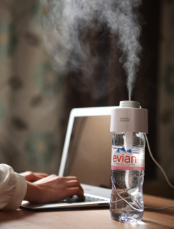 utilitarianthings:  This humidifier sits right on your desk and can be screwed on any spare plastic bottle you have lying around. 