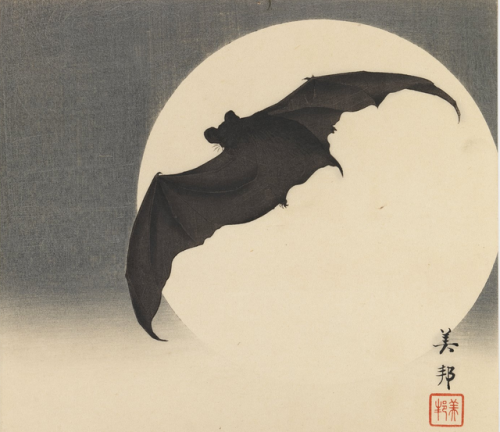 Biho Takashi or Takahashi (Yoshikuni) (Japanese, active ca. 1890-1930, Japan) - Bat Before The Moon,