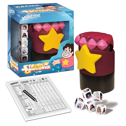 the USAopoly site also gives us a new official image for the Steven Universe edition of Yahtzee. Its a little different from the old prototype image, which was thisthe images on the dice are different, now headshots rather than full body (which imo looks